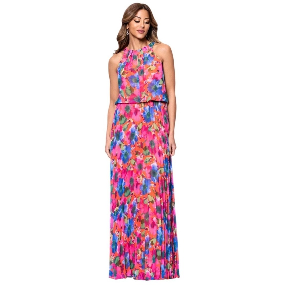 X by Xscape Floral Pleated Blouson Halter Maxi Dress Size 10